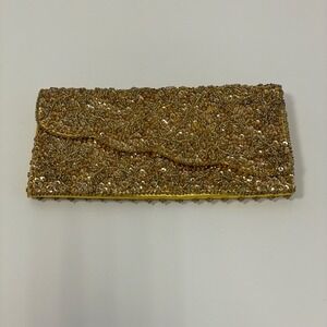 Vintage La Regale Beaded‎ Sequin Yellow Gold Satin Scalloped Evening Clutch